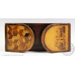 A Tunbridge Ware inlaid rosewood book slide, one end decorated with a castle,