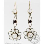 A pair of moonstone set drop earrings,