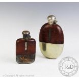 Two early 20th century silver plated glass and leather mounted hip flasks,