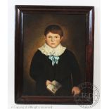 English School - 19th century, Oil on canvas, Portrait of a boy reading a book,