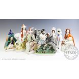 Six assorted Staffordshire pottery flatback figures, to include, Samson & Lion, 28cm high,