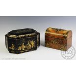 A 19th century Cantonese lacquered papier mache tea caddy, with metal canisters,