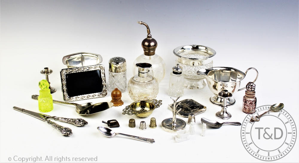 A collection of silver and silver plated items, to include a silver mounted glass atomiser,