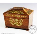 A William IV brass inlaid rosewood tea caddy, with gadrooned detailing to the top,