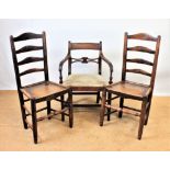 A pair of 19th century country oak ladder back chairs, with solid seats, on turned legs, 100cm H,