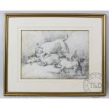 After George Morland, Pencil drawing on paper, Fighting Dogs, 29cm x 40.