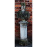 A reconstituted stone garden statue, modelled as a bust of a maiden on a fluted column,