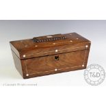 A Victorian mahogany and mother of pearl inlaid sarcophagus form tea caddy,