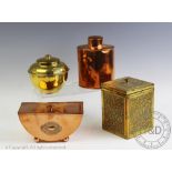 Four tea caddies, comprising an oval copper tea caddy of Australian interest,