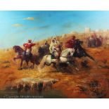 R Wilson (20th century), Oil on canvas, Warring Arabs on horseback, signed lower right,