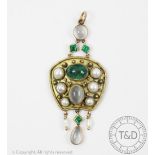 An emerald, moonstone and untested pearl set pendant in yellow metal,