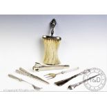 A selection of silver mounted items, comprising; a silver mounted crumb brush, a shoe horn,