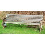 A Coalbrookdale style cast iron and wood slatted garden bench,