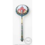 A late 19th century Russian silver and enamel en plein spoon, Peter Milyukov, Moscow circa 1890,