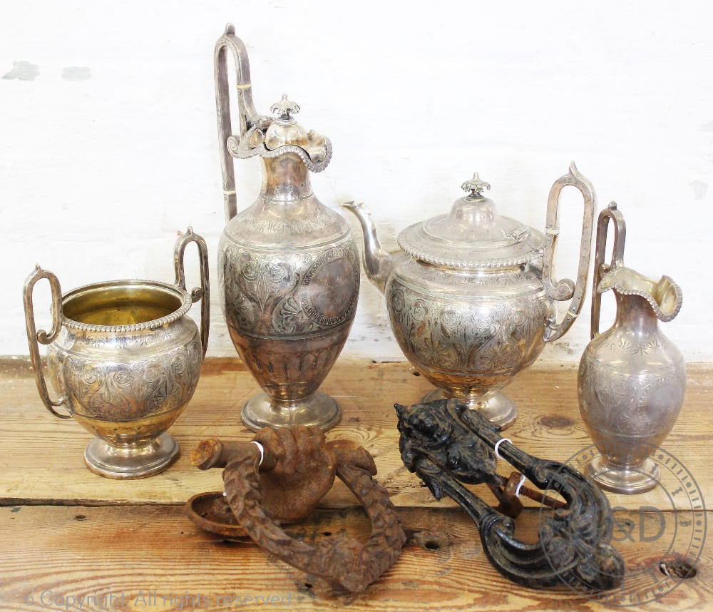 A Victorian silver plated four piece tea and coffee service, of Etruscan design,