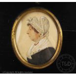 English School - 19th century, Watercolour on paper, Portrait of a lady in a lace bonnet, 6.