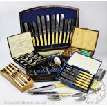A collection of silver plated wares to include an oak cased canteen, a cased set of cake forks,