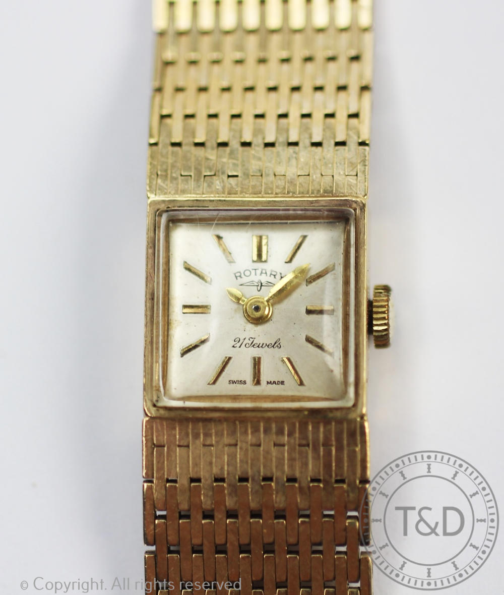 A ladies 9ct gold Rotary wrist watch, with square baton dial and integral strap, 36gms, - Image 3 of 4