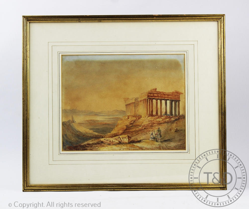 English School - 19th century, Watercolour, Figures beside classical ruins, 21cm x 27cm,