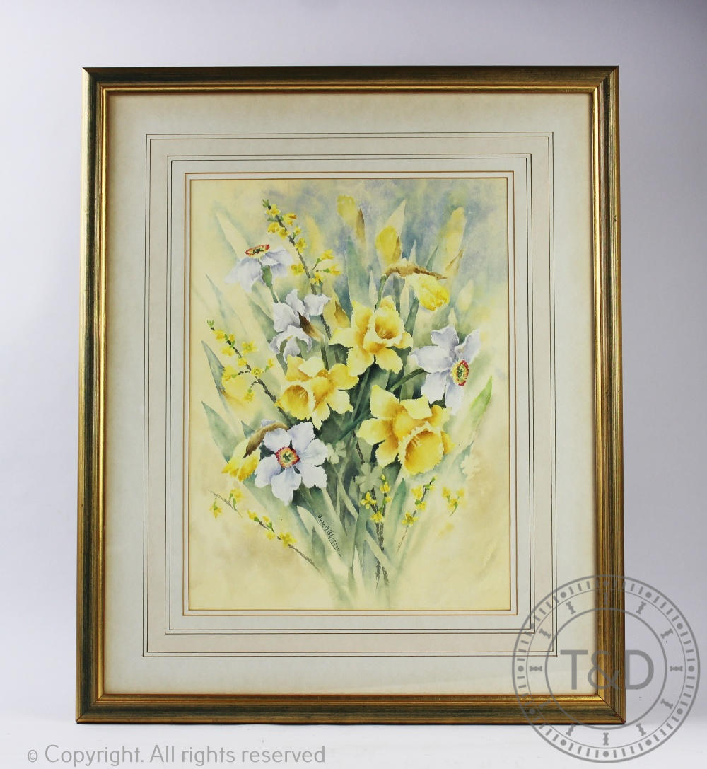 Joan Ibbotson, Pair botanical of watercolours, Studies of daffodils, Camellia and freesia, - Image 3 of 4