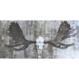 A large pair of modern prints of animal skulls / antlers, in grained frames, 128cm x 77cm overall,