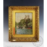 French School - early 20th century, Oil on board, River scene with trees and chateau,