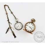 A Continental silver ladies open face fob watch, the white enamel dial with black Roman numerals,