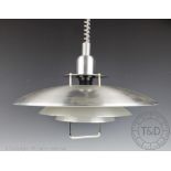 A pair of modern three tier brushed metal ceiling lights,