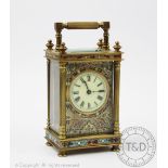 A late 19th century French brass and cloisonne enamel carriage time piece,
