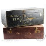 A WWII painted wood trunk, named '1584909 Lac Blairs', '2810 Squadron Singapore' and addressed,