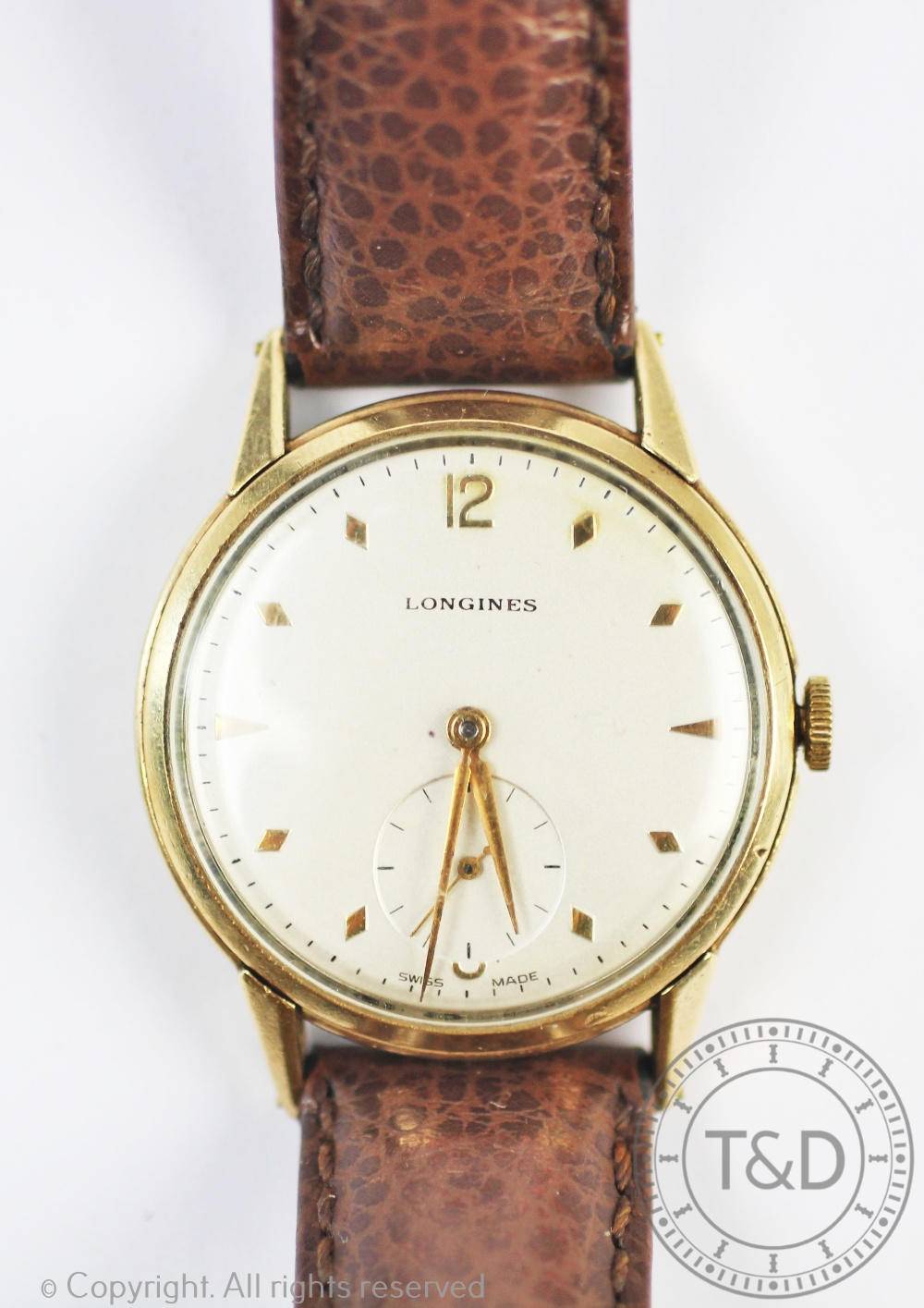 A gentleman's Longines 9ct gold cased wristwatch, 17 Jewel movement No.