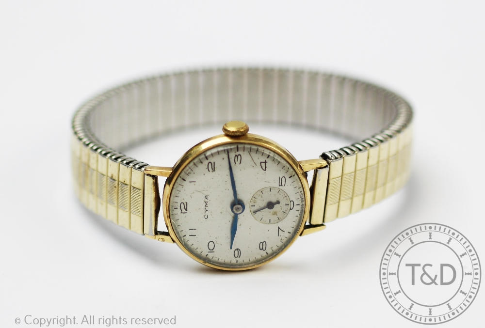 A ladies 18K gold Cyma wristwatch, Arabic dial with subsidiary seconds,