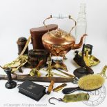 A selection of copper, brass and other metalwares, to include a bed pan, a copper kettle,