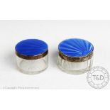 Two Art Deco silver mounted guilloche enamelled glass dressing table jars, Walker & Hall,
