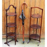 A 1920's oak three tier cake stand, 90cm H,