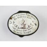 A George III Bilston enamel patch box, the cover with sentimental quote 'May charms like thine,