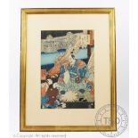 Three Japanese woodblock prints, warrior, geisha with a katana and geisha with a tray of food,