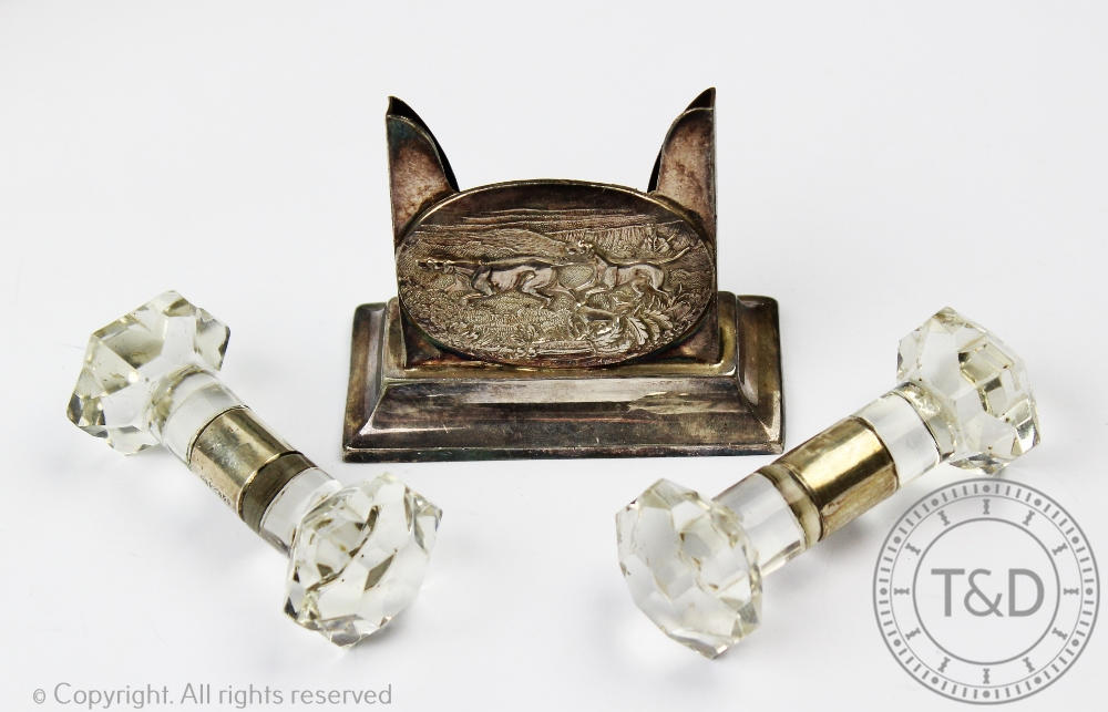 A pair of Edwardian silver mounted glass knife rests, A B & Co, Birmingham 1901,