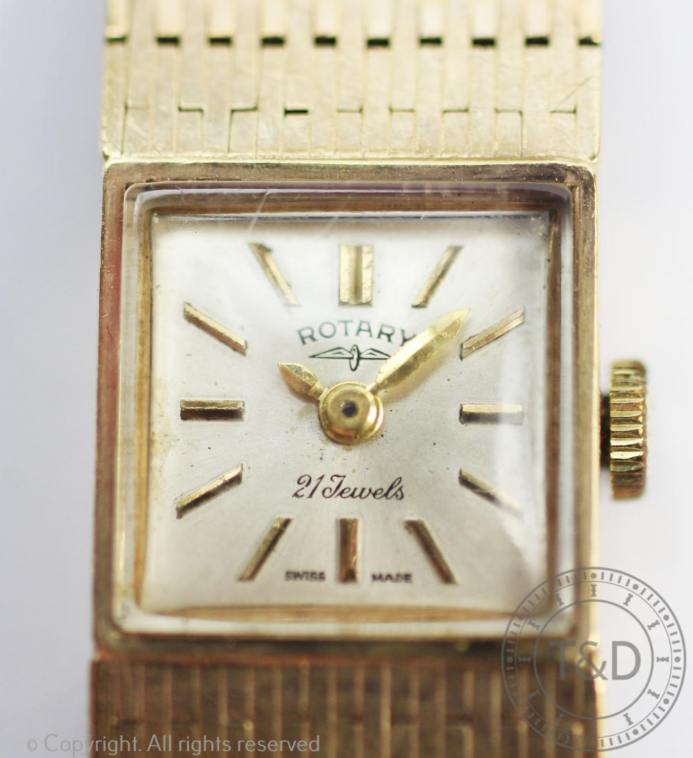 A ladies 9ct gold Rotary wrist watch, with square baton dial and integral strap, 36gms, - Image 4 of 4