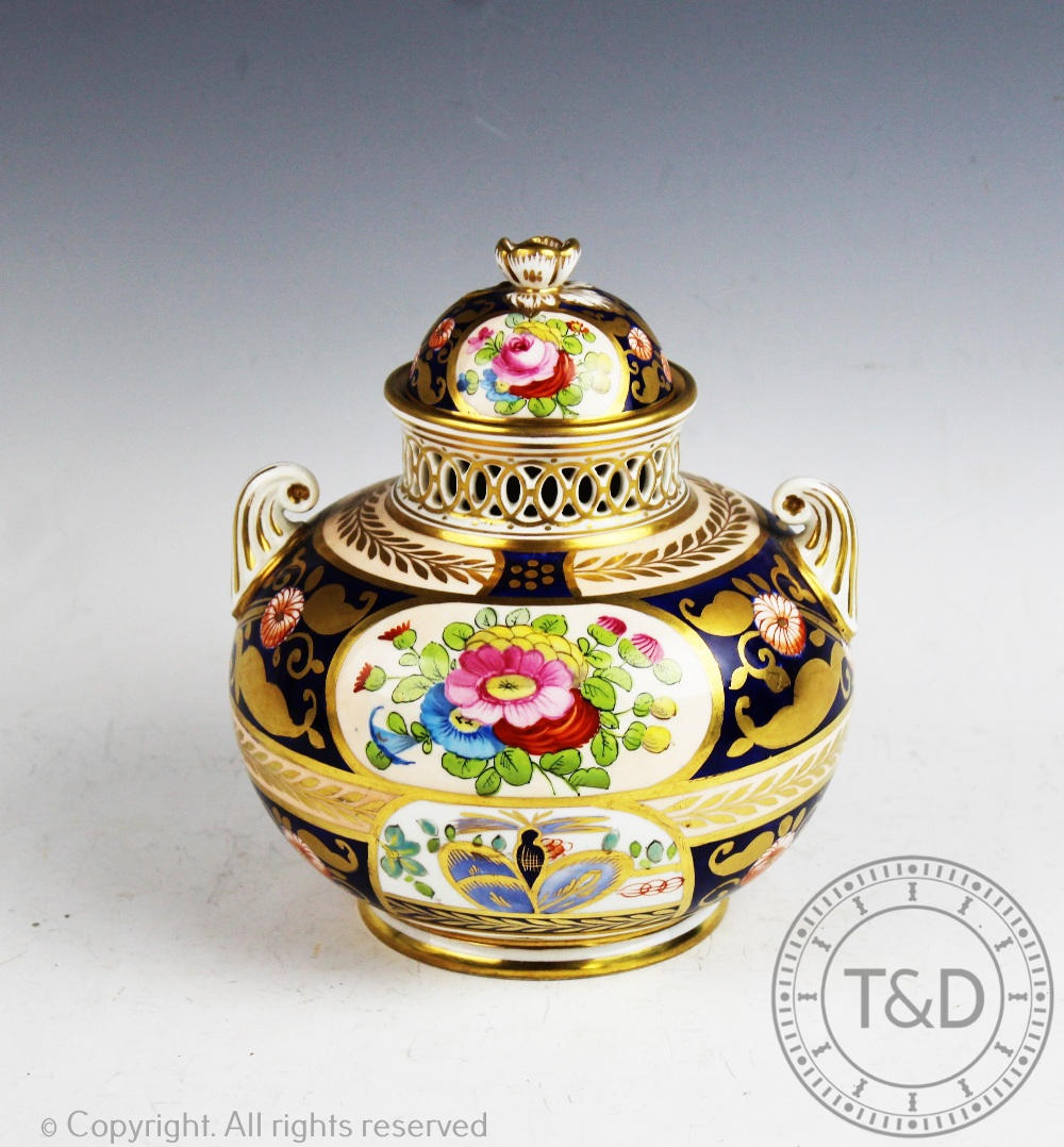 A late 19th century Crown Staffordshire Imari palatte pot pourri, of compressed globular form,