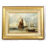 Manner of John James Wilson, Oil on metal panel, Costal scene with boats, 24.5cm x 35.