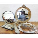 A selection of interior decorator items, comprising a modern metal mounted wood wall mirror,