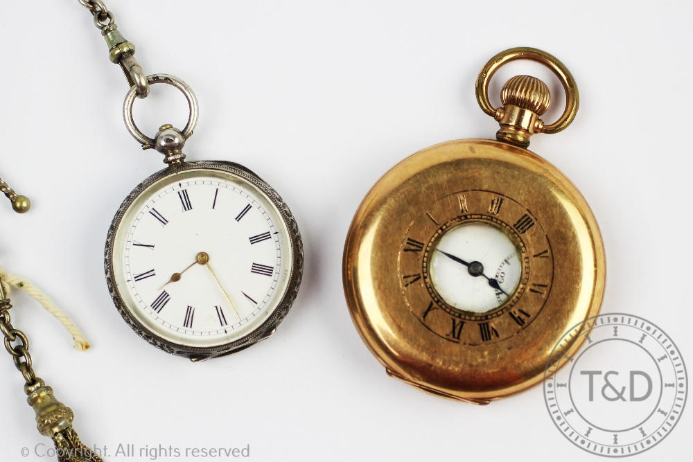 A Continental silver ladies open face fob watch, the white enamel dial with black Roman numerals, - Image 2 of 2