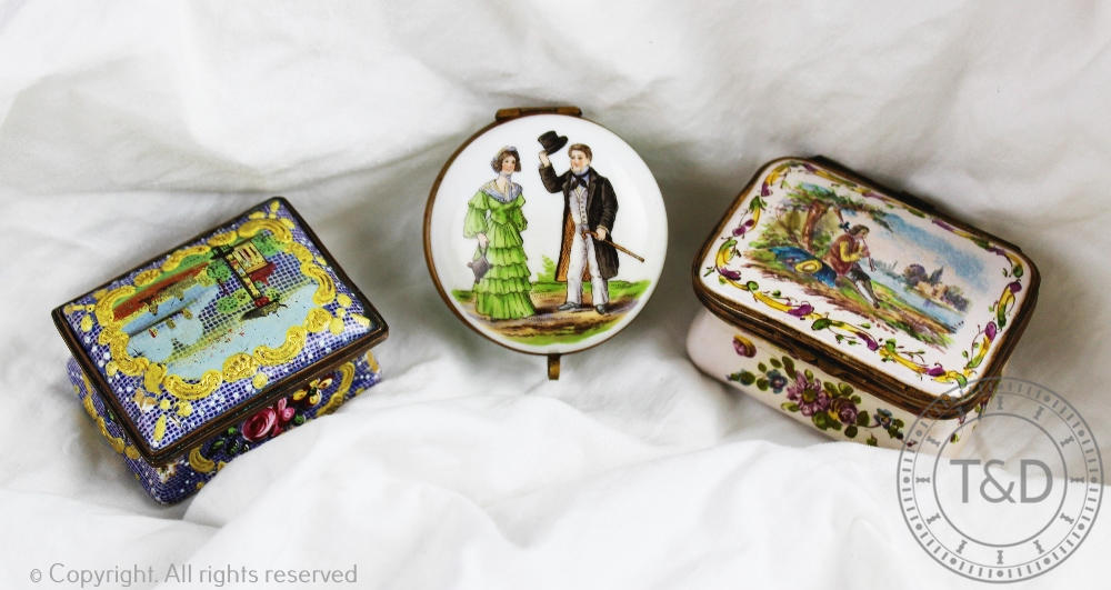 A collection of three patch boxes, to include an enamelled example,