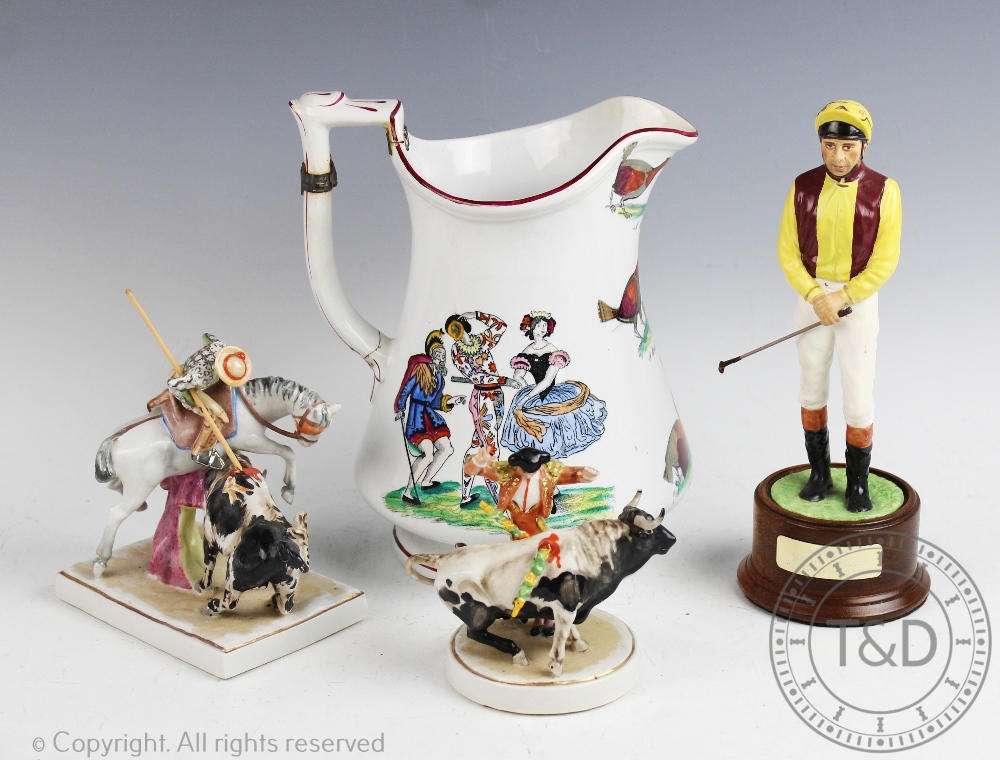 A china figure of jockey, colours of Rutter, Holins, Huntbach and Carson, on wood plinth, 22.