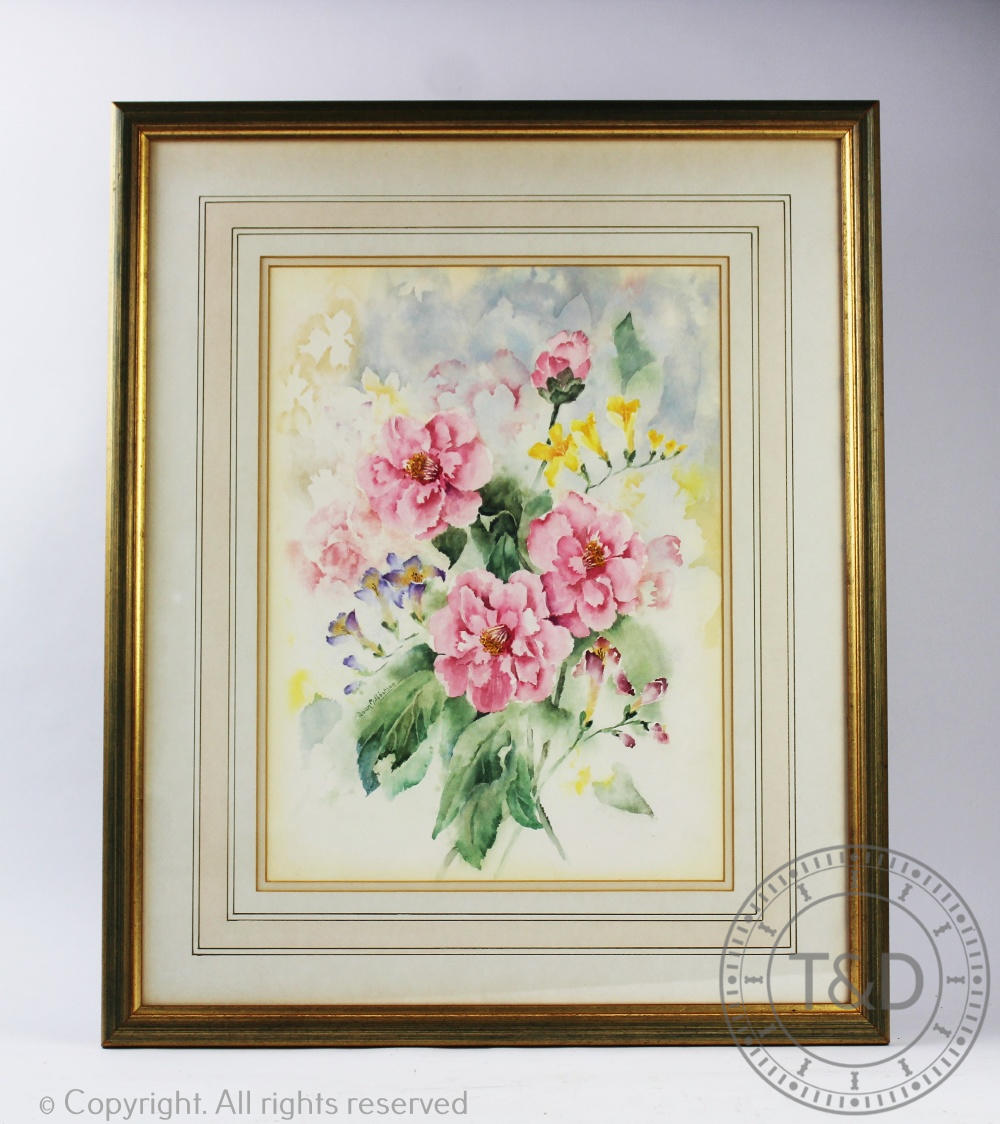 Joan Ibbotson, Pair botanical of watercolours, Studies of daffodils, Camellia and freesia,