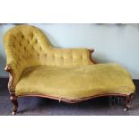 A Victorian mahogany chaise longue, with button back green upholstery, on cabriole legs,