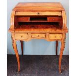 A late 19th century French Louis XV style inlaid walnut and kingwood cylinder bureau,