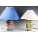 Seven modern table lamps, two sets of three and one similar, with painted detailing, tallest,