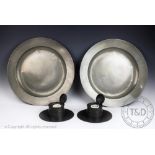 Two 19th century pewter chargers, with London touch marks verso, 38cm diameter,